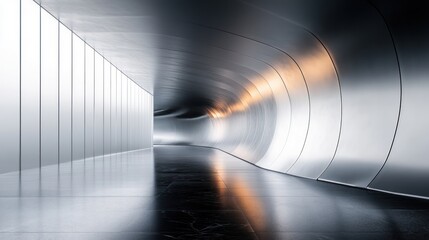 Modern silver metal interior tunnel with light.