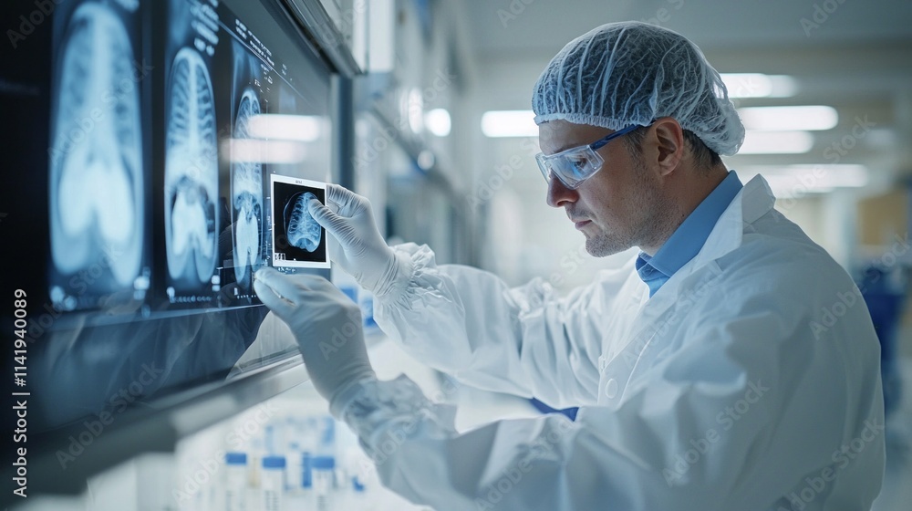 Aufkleber A man in a lab coat is looking at a computer screen with a picture of a brain