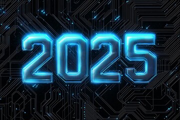 A futuristic design featuring bold, metallic silver numbers "2025" with a blue neon glow
