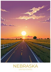 Nebraska Sunset Eco Friendly Travel Poster Illustration Vintage Wall Art