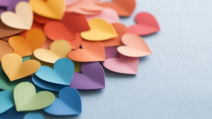 A collection of multicolored paper hearts scattered across a light blue surface. This vibrant and cheerful image is perfect for Valentine's Day, crafts, or festive celebrations.