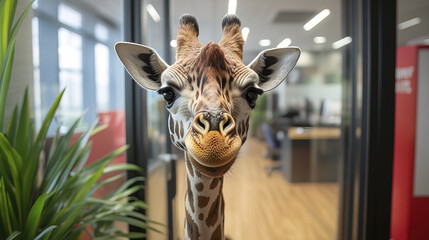 Cheerful giraffe in modern office environment, bringing joy and curiosity