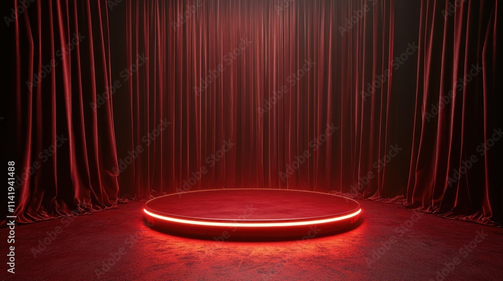 Poster red platform with glowing edge, red curtains backdrop.
