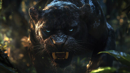 Naklejka premium fierce black panther snarling in lush jungle, showcasing its striking blue eyes