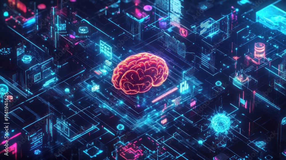Aufkleber glowing brain graphic on digital circuit board.