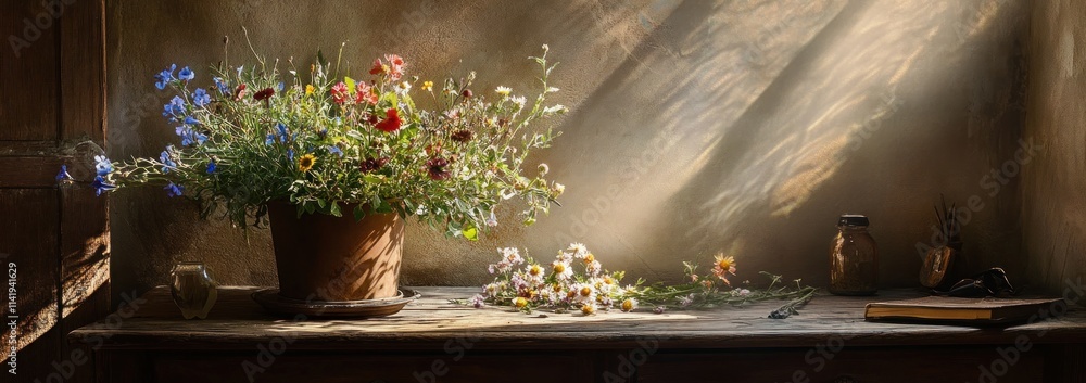 Poster sunlit table with wildflowers in a pot, notebook, and bottles.