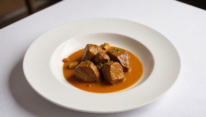 Minimalist Curry goat in rich golden-brown sauce with copy space, in a pristine white ceramic plate, representing high-end culinary artistry