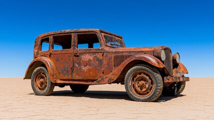 Rust and Ruin: A weathered vintage car stands abandoned in a desolate, sun-drenched desert landscape. Its rusted exterior evokes a sense of forgotten history and the passage of time.