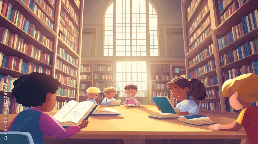 Poster children reading books at a large table in a library.