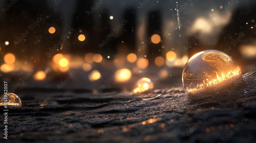 Poster beautiful glowing bubbles on a dark surface with reflections in a soft, atmospheric setting during n