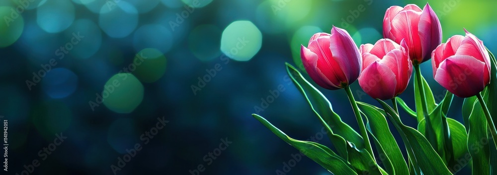 Poster four pink tulips in front of bokeh lights.
