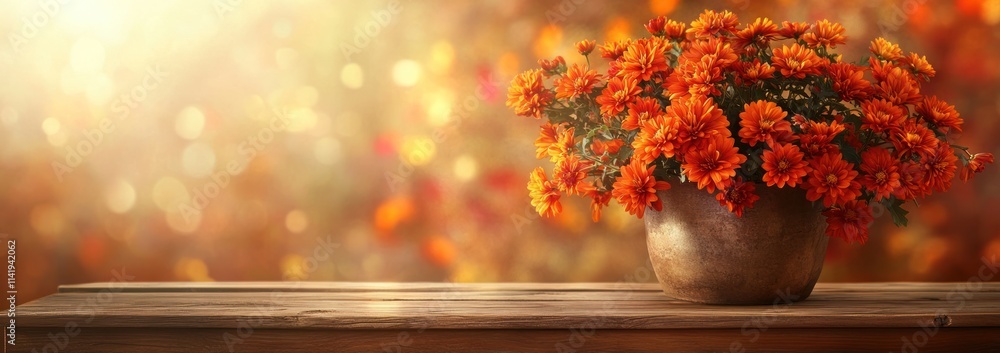 Poster orange flowers in vase on table with bokeh light.