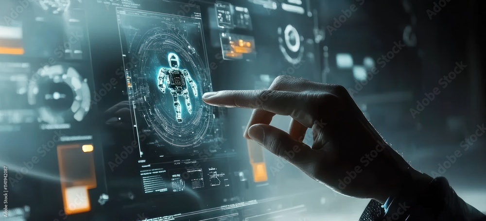 Poster Hand touching holographic interface with robot image.