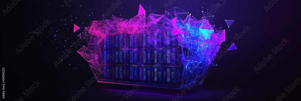 Poster 3d data rack with glowing digital connections on dark background.