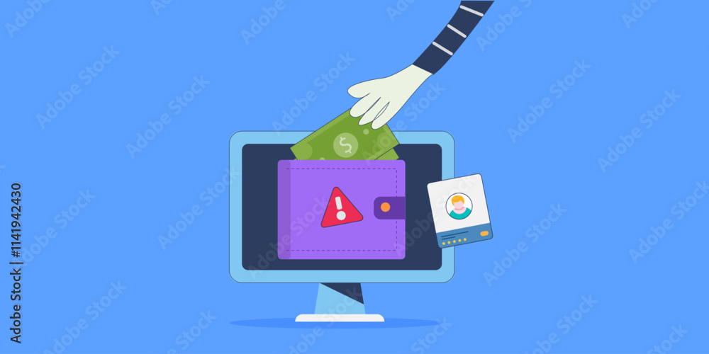 Poster digital hacking, hand stealing money from digital wallet with personal information. cyber-attack war