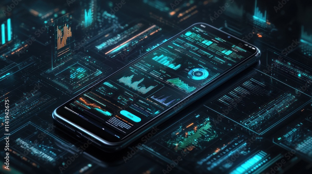 Aufkleber Phone displaying data charts with holographic effect.