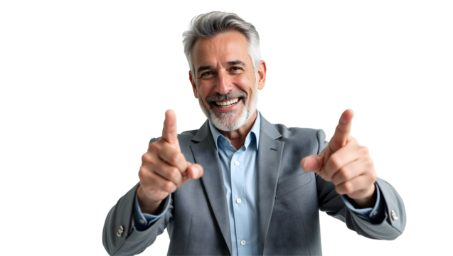 Confident Middle-Aged Businessman Smiling Brightly and Pointing