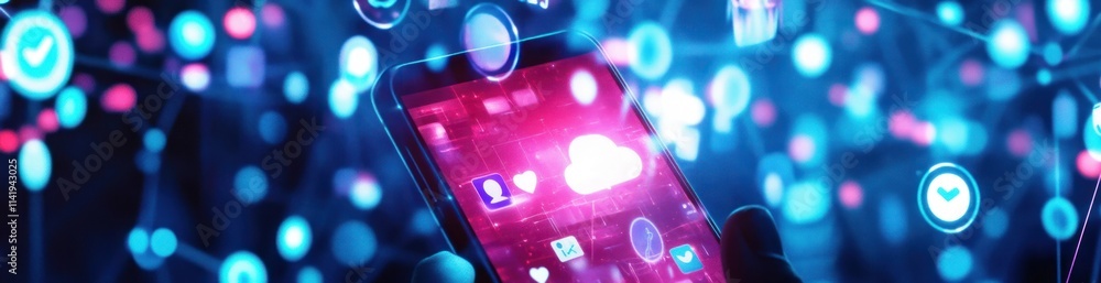Poster smartphone with interface and connections on a blue background.