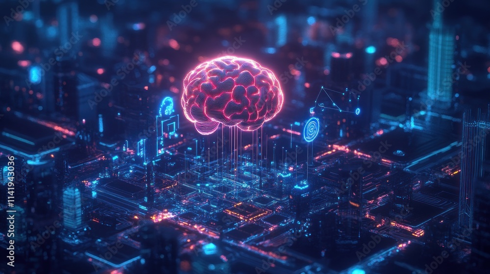 Poster glowing brain over circuit board with city background.