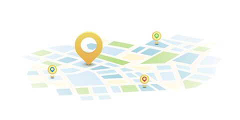 Locator position point. GPS tracking system to navigate around the city landmarks. Detailed city street map with directions to different locations. Vector illustration