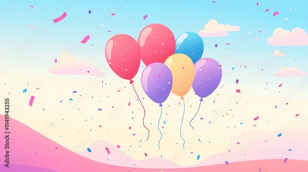 Poster colorful balloons floating with confetti against a gradient sky.