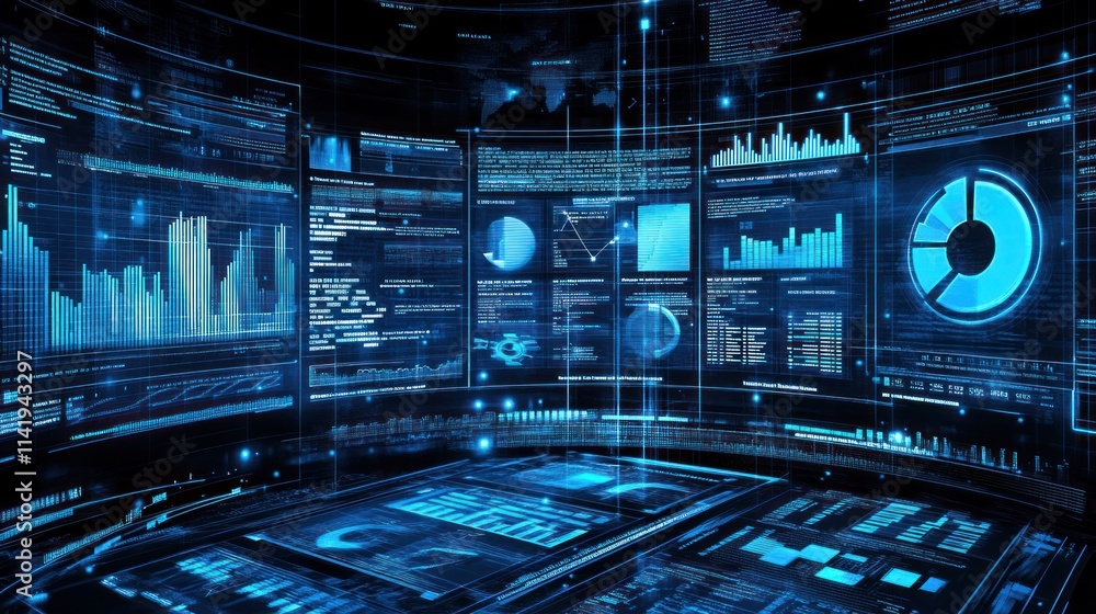 Aufkleber data displayed on futuristic digital screens.