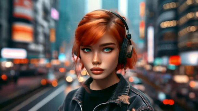 Red-haired modern young girl with headphones. Blurred city background