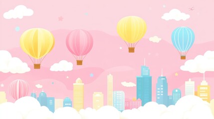 Hot air balloons float above pastel city.