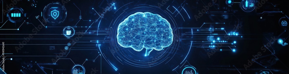 Poster Brain interface. Digital, abstract, tech background with brain model.