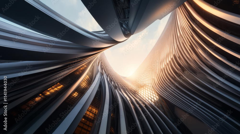 Poster modern architecture capturing sunlight through a curved design in an urban environment during sunris