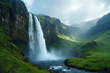 A misty waterfall cascading into a lush green valley, with the main fall positioned on the left third and subtle rainbow hues in the mist
