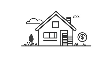 Minimalist house icon with a stack of coins on plain white background 