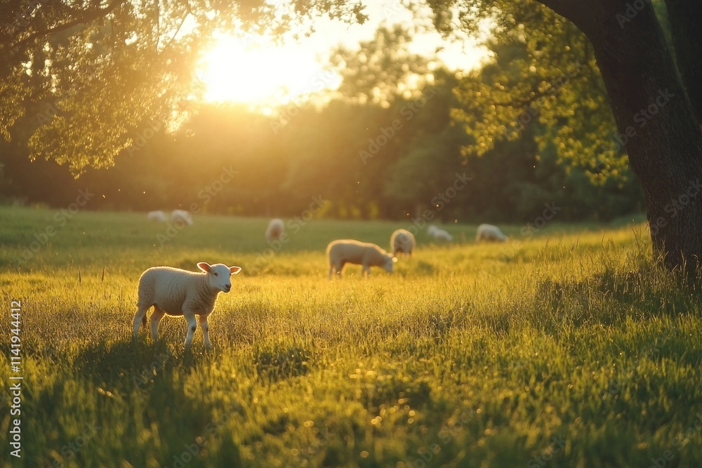 Aufkleber sunset shines on sheep grazing in a field.