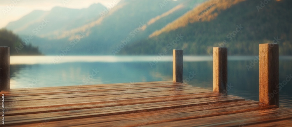 Aufkleber serene lake view from wooden dock with mountains backdrop.