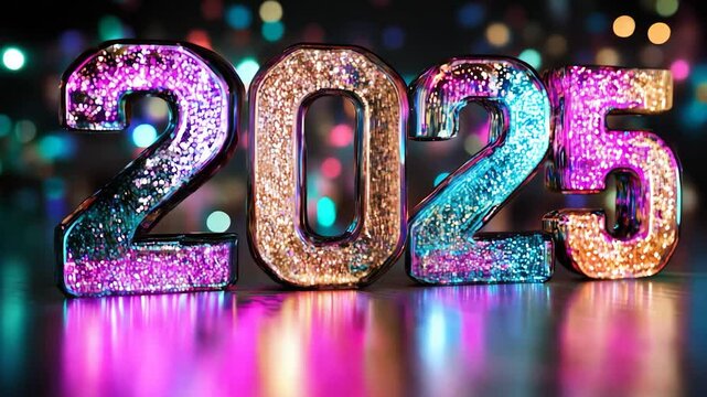 Ann&eacute;e 2025 avec de beaux chiffres paillet&eacute;s et brillants. Year 2025 with beautiful glittering numbers.