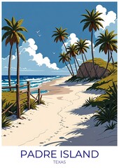 Padre Island Texas Eco Friendly Travel Poster Illustration Retro Wall Art Decor Gift