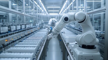 A modern industrial setting featuring robotic arms working on an automated assembly line in a clean, high-tech environment.