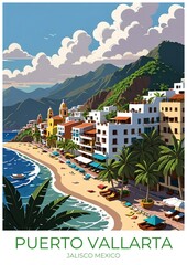 Puerto Vallarta Mexico Eco Friendly Travel Poster Illustration Wall Art Retro Decor