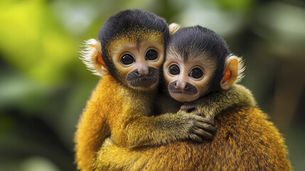 Obraz premium Adorable baby monkeys embracing each other in lush green setting
