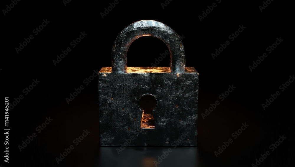 Aufkleber a close-up of a rusty metal padlock on a black surface, lit with orange.