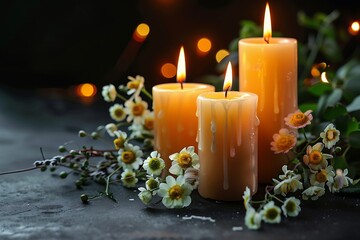 A group of candles with flowers