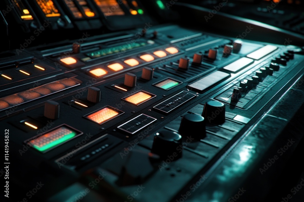Poster Closeup of an audio console with glowing buttons and sliders.