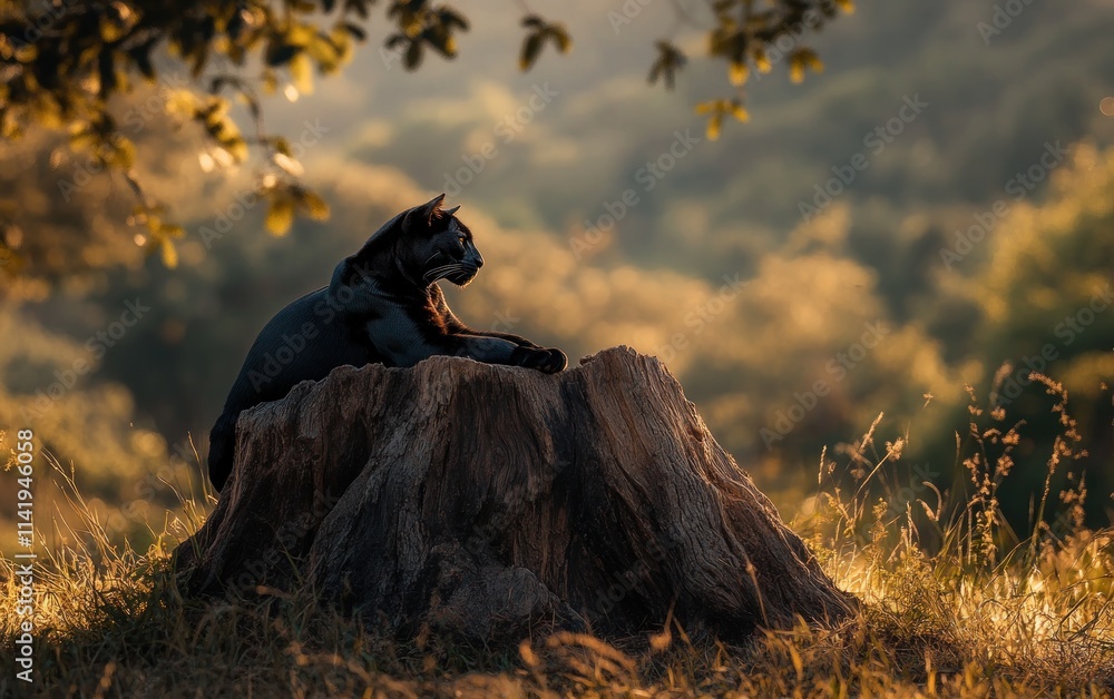 Poster black cat perched on a tree stump at golden hour with soft focus forest background.