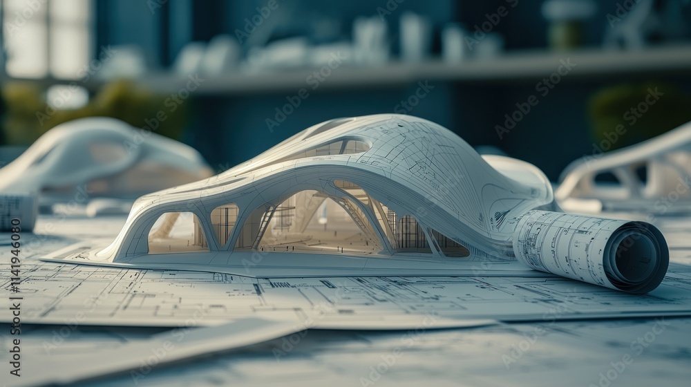 Aufkleber architectural model with blueprints on a table.