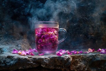 Steaming rose petal tea in glass cup on stone with scattered petals.
