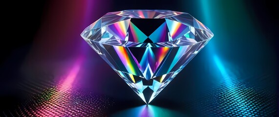 Diamond prism placed on a holographic surface refracting rainbows into overlapping patterns