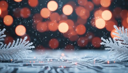 A winter-themed scene featuring delicate snowflakes on a circuit board with festive bokeh lights in the background.