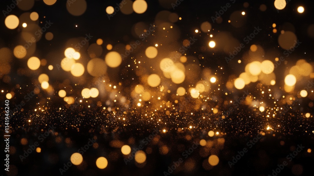 Poster golden bokeh sparkles on dark backdrop.
