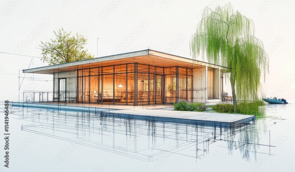 Poster modern home rendering on water with trees.