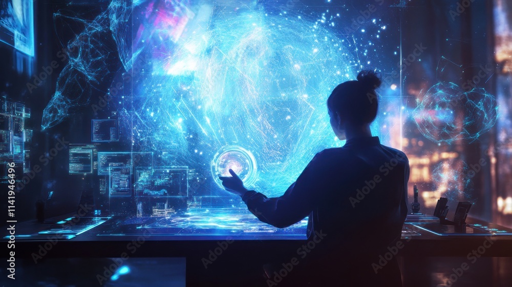 Aufkleber woman interacts with complex holographic data display.